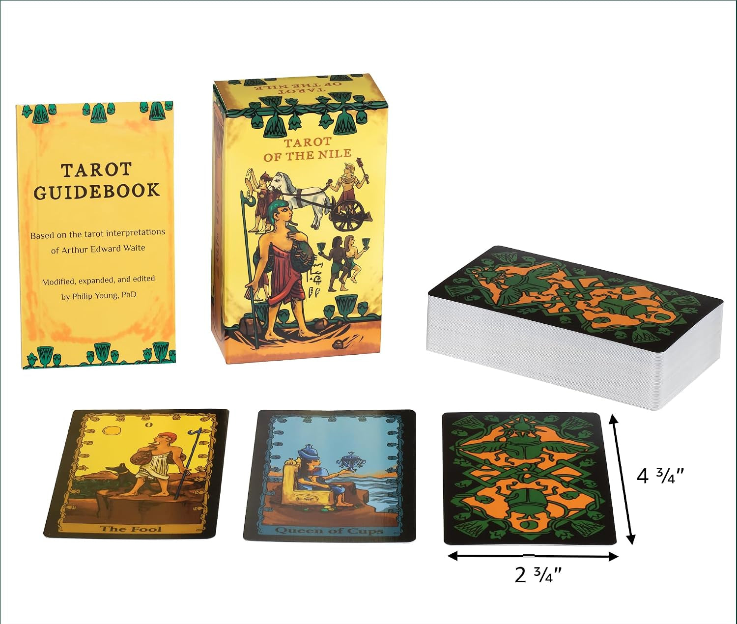 Tarot card deck set with a guidebook and box on a white background, plus dimension callouts showing the deck size. The set includes 78 cards and a guide book, with illustrated card backs and a matching box.