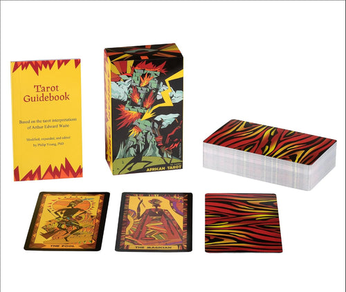 A tarot card deck set with a yellow guidebook, illustrated box, stacked deck of cards, and three sample cards on a white background, with text at the bottom stating 'Set includes 78 cards and a guide book'.