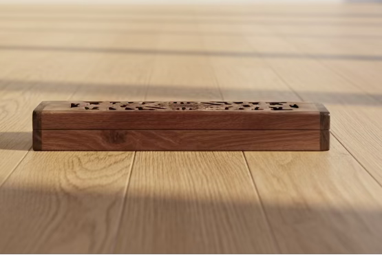 A dark brown carved wooden incense holder with intricate geometric cutouts, displayed on a wooden tabletop.