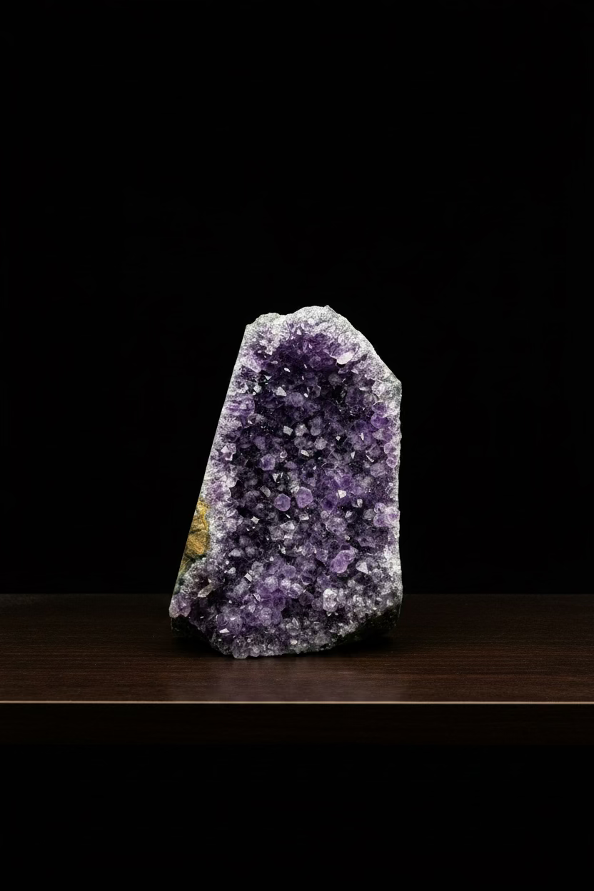 A raw amethyst geode specimen with dense purple crystal points and a small gold mineral inlay, standing upright on a black surface against a black background.