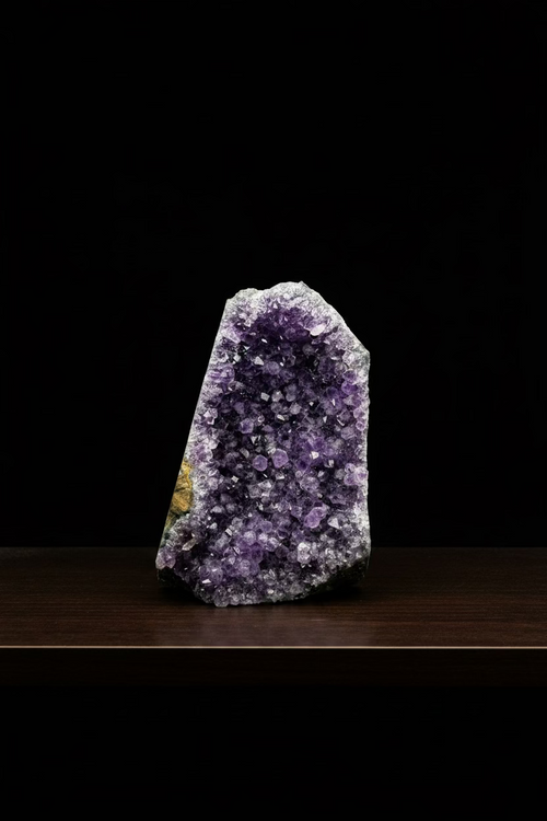 A raw amethyst geode specimen with dense purple crystal points and a small gold mineral inlay, standing upright on a black surface against a black background.
